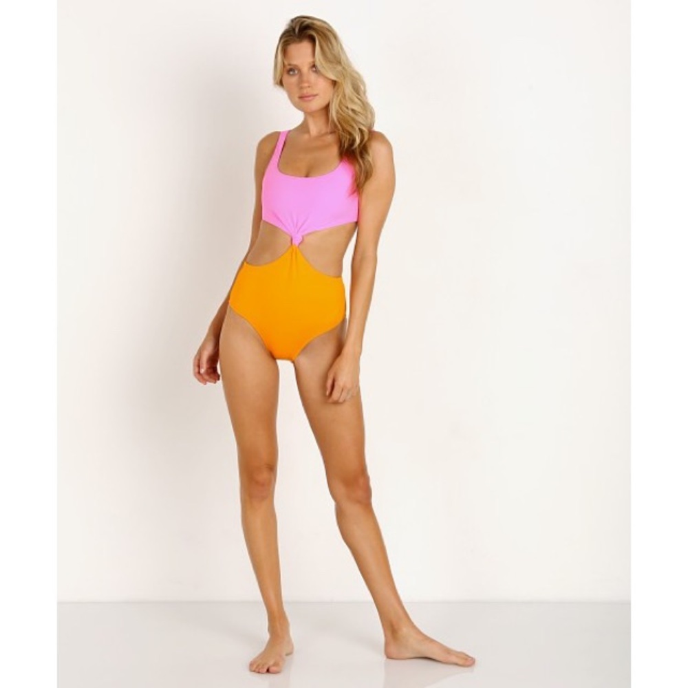 solid & striped pink + orange one piece swim suit